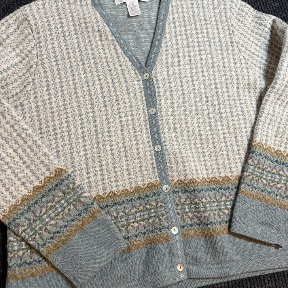 Jones New York Sport Fair-Isle style Cardigan 100% Lambs Wool Women's Large